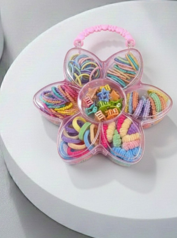 2-Piece Cute Hair Bands Storage Box Set | Flower & Apple Shape | Colorful Baby Elastic Hair Bands