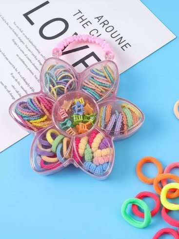 2-Piece Cute Hair Bands Storage Box Set | Flower & Apple Shape | Colorful Baby Elastic Hair Bands