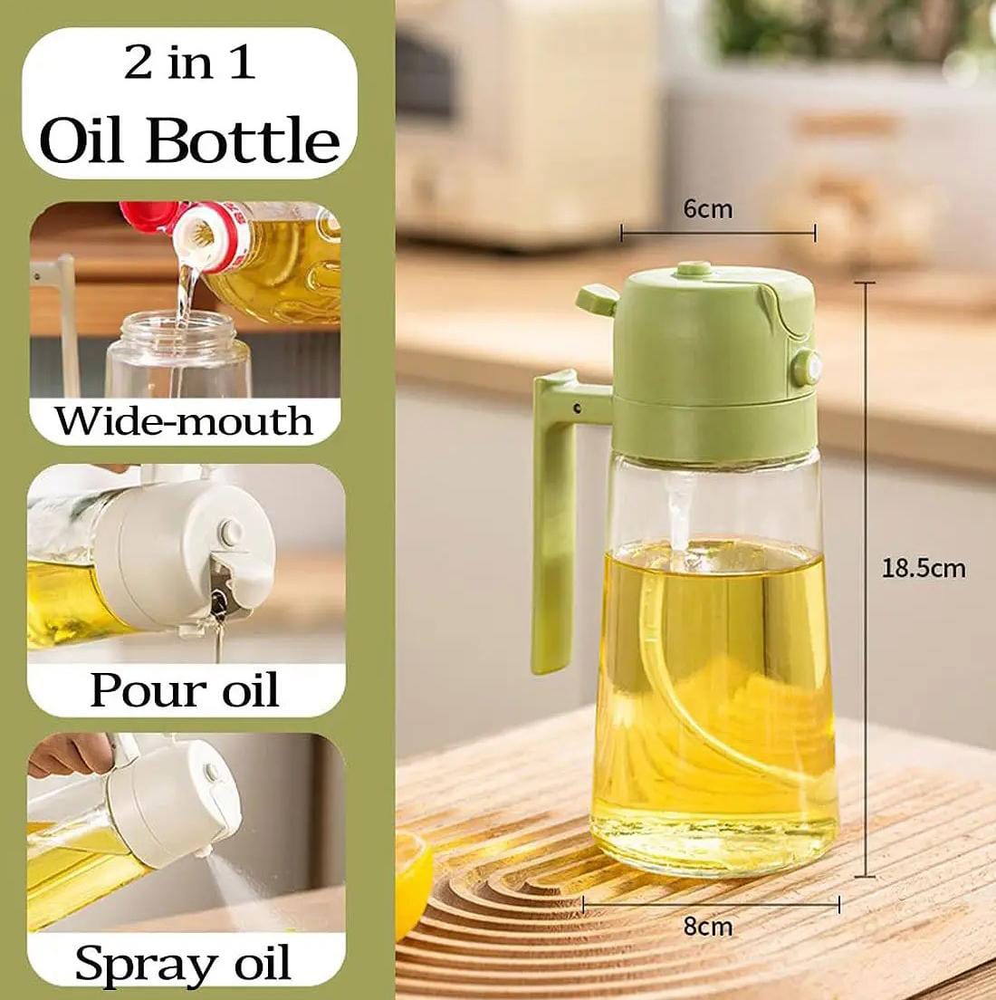 2-in-1 Spray & Pour Cooking Oil Bottle (500ml) | Glass Oil Dispenser for Kitchen
