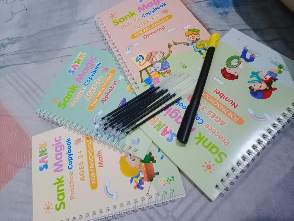 4 in 1 Sank Magic Book | Reusable Magic Practice Copy Book | 4 books + 1 Pen + 10 Refills +1 Grip
