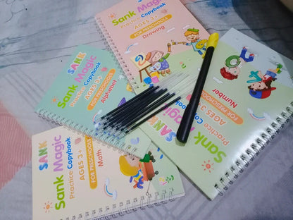 4 in 1 Sank Magic Book | Reusable Magic Practice Copy Book | 4 books + 1 Pen + 10 Refills +1 Grip