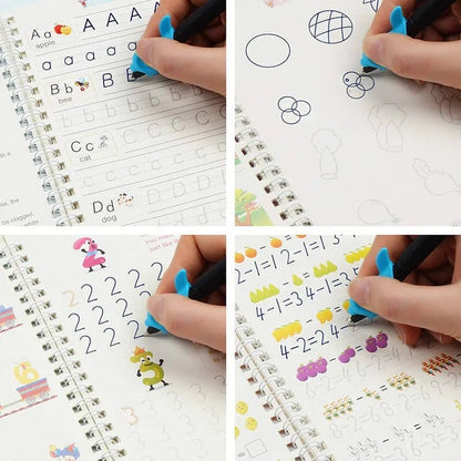 4 in 1 Sank Magic Book | Reusable Magic Practice Copy Book | 4 books + 1 Pen + 10 Refills +1 Grip