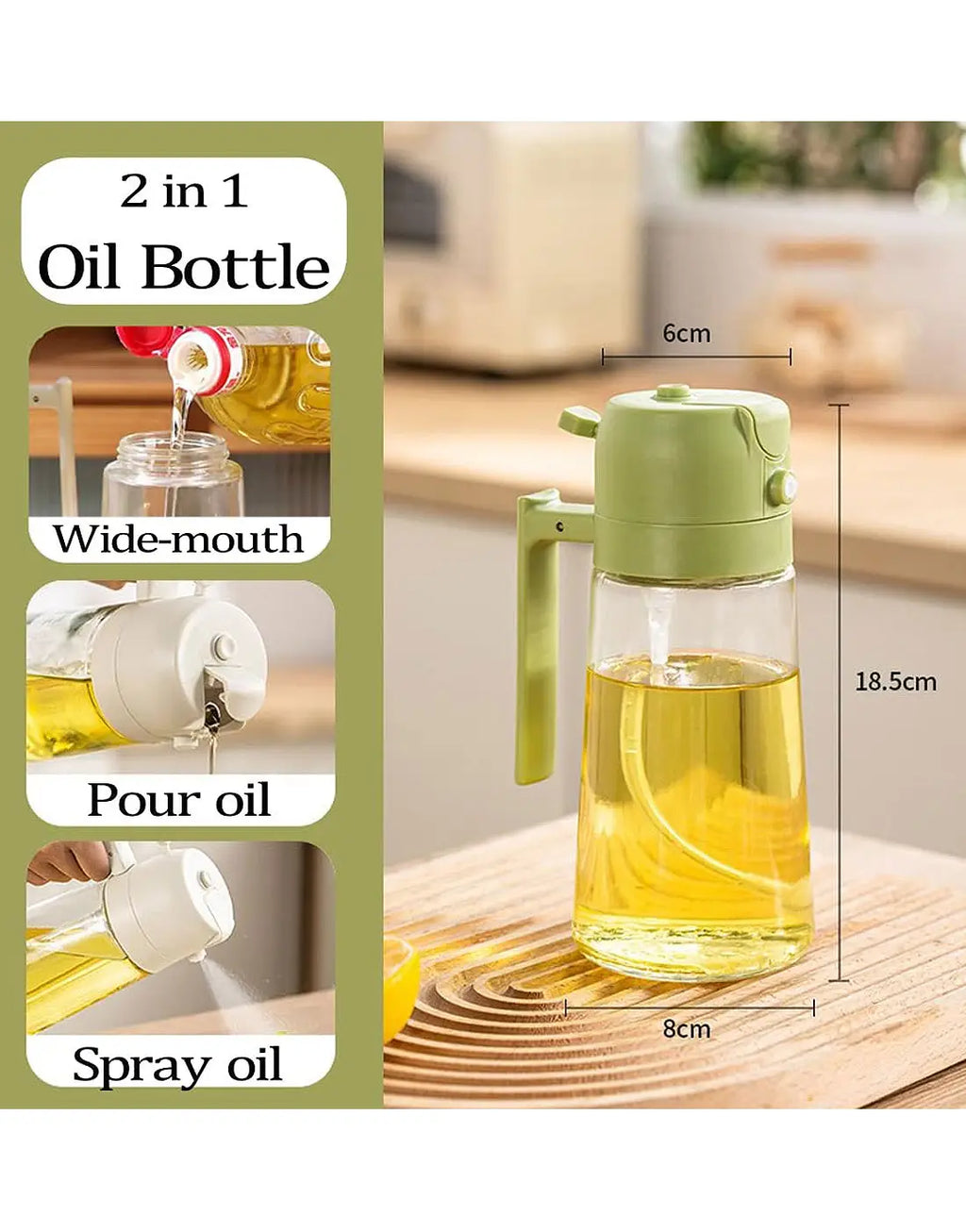 2-in-1 Spray & Pour Cooking Oil Bottle (500ml) | Glass Oil Dispenser for Kitchen